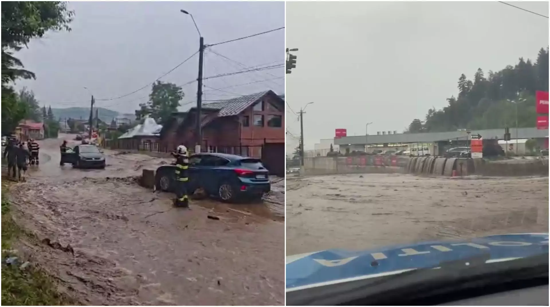 Rupere de nori în stațiunea Bușteni. Viitura a măturat tot în cale și a blocat circulația pe DN1. VIDEO